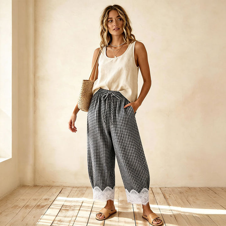 Lace-Trimmed Plaid Straight-Leg Wide-Leg Trousers