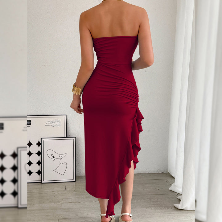 Black Strapless Ruched Ruffle Slit Midi Dress