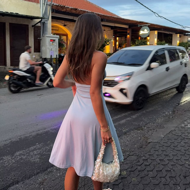 Deep V Backless Slit Midi Halter Dress