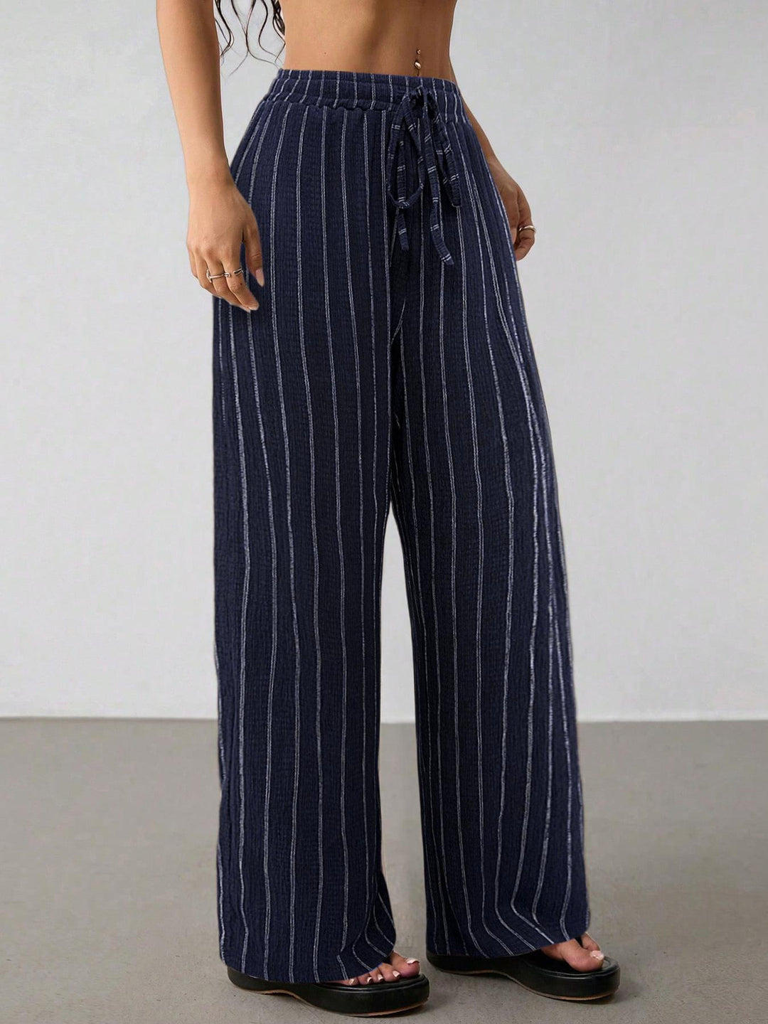 Women Striped Wide Leg Pants, Striped Lounge Slacks with Pockets