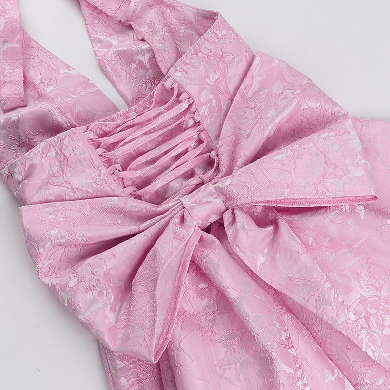 Jacquard Halter Mini Dress with Statement Bow