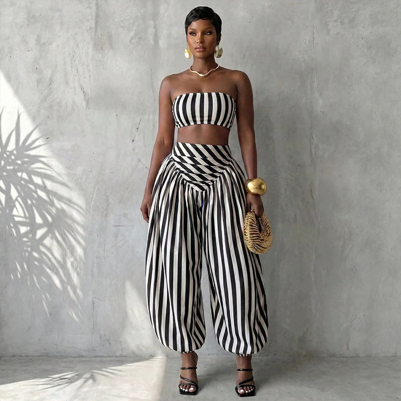 Striped strapless top and harem pants set