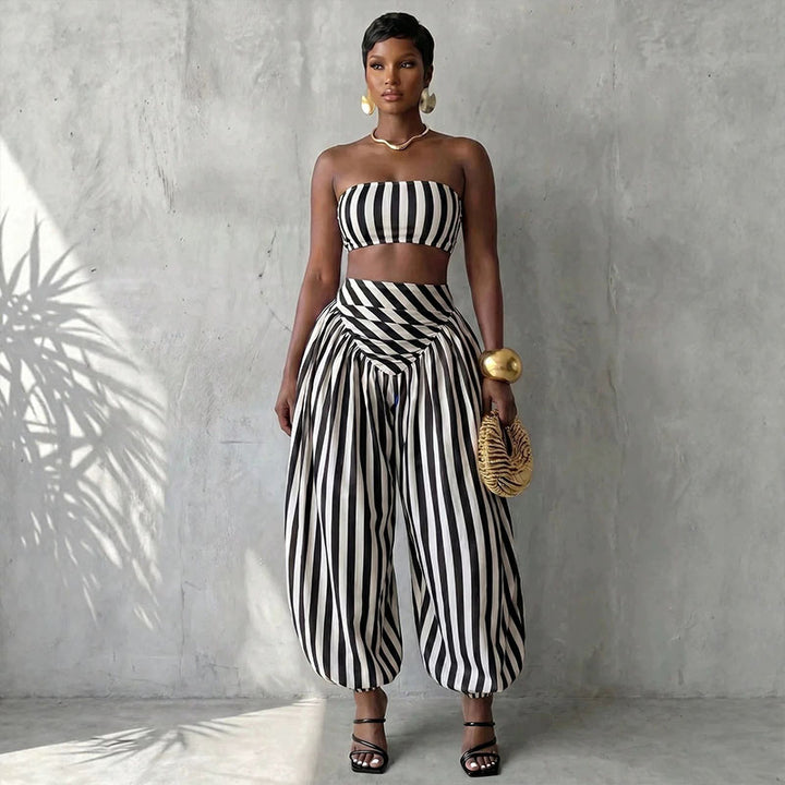 Striped strapless top and harem pants set