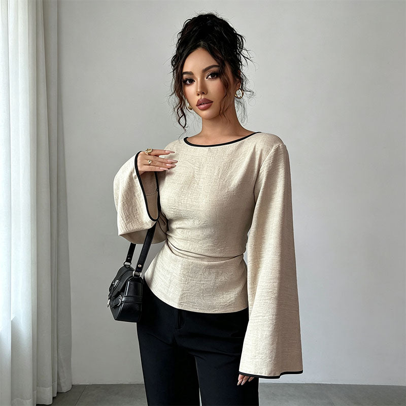 Waist Tie Flared Sleeve Solid Top
