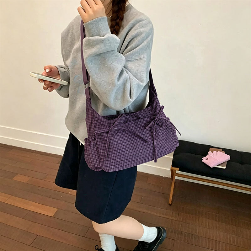 Plaid Drawstring Ruched Cloud Bag