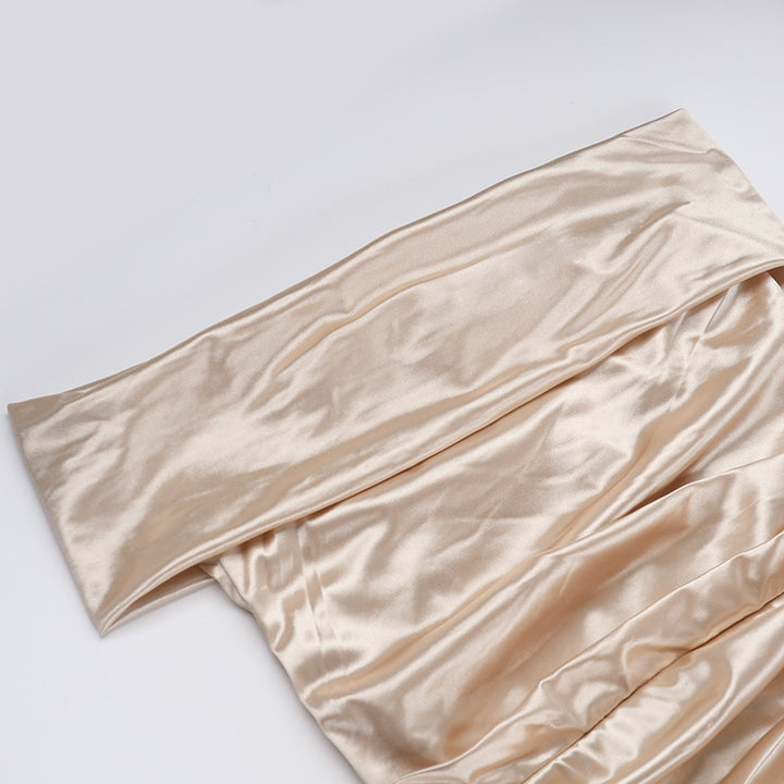Champagne Satin Off-Shoulder Gown with Draped Detail &amp;amp; High Slit