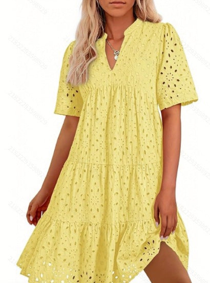 Eyelet Embroidery Tiered Mini Dress, Notched Neck Short Sleeve Casual Summer Dress