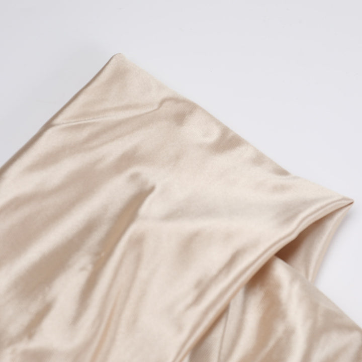 Champagne Satin Off-Shoulder Gown with Draped Detail &amp;amp; High Slit