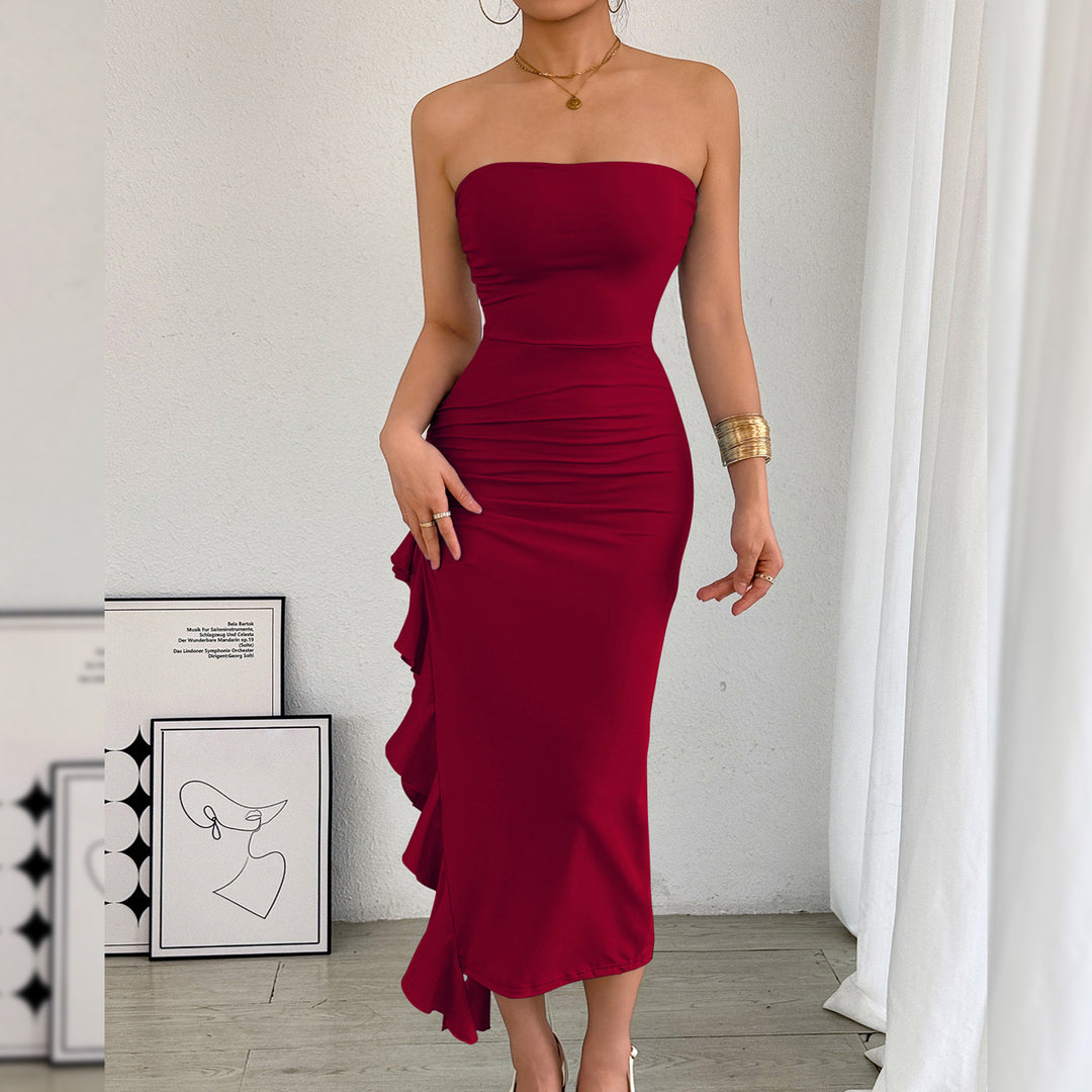 Black Strapless Ruched Ruffle Slit Midi Dress