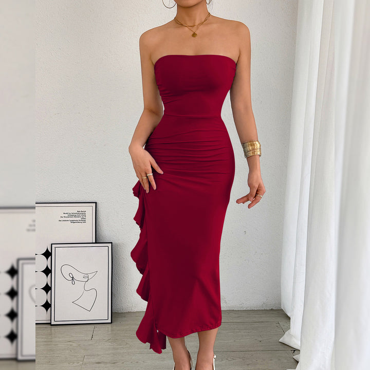 Black Strapless Ruched Ruffle Slit Midi Dress