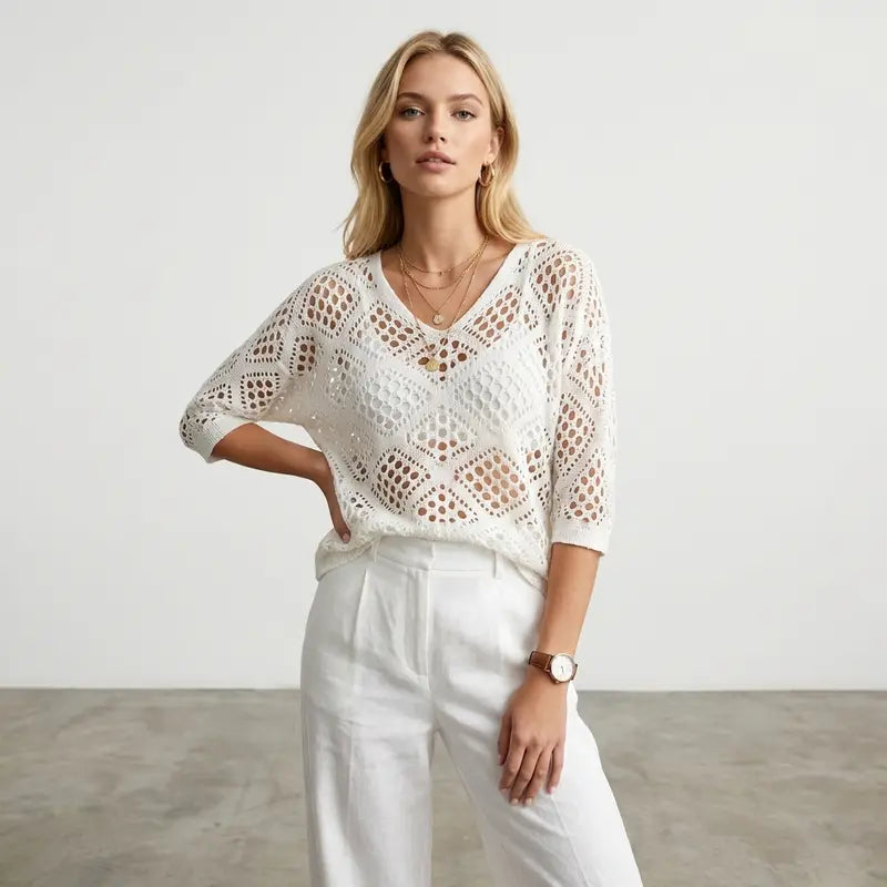 Multi-Color Crochet Knit Top, V-Neck Elbow Sleeve Openwork Sweater for Women