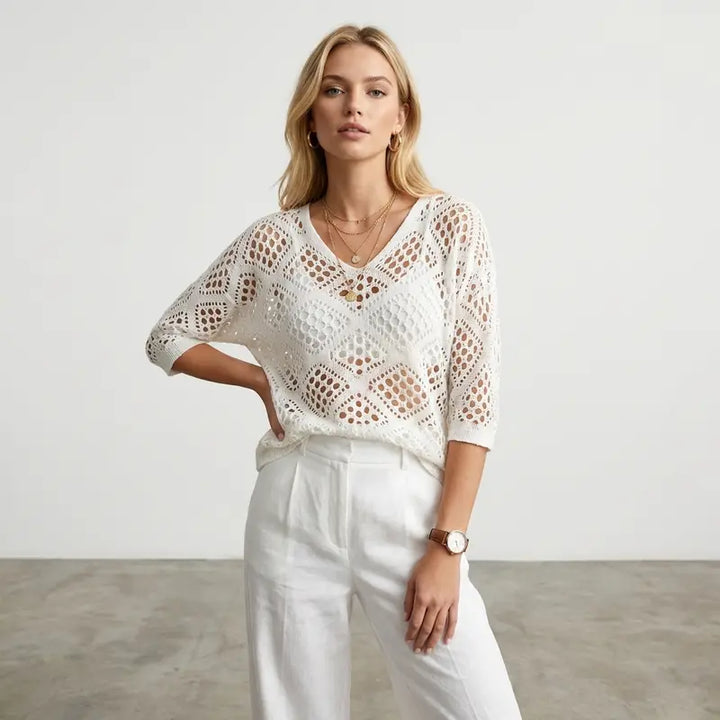 Multi-Color Crochet Knit Top, V-Neck Elbow Sleeve Openwork Sweater for Women