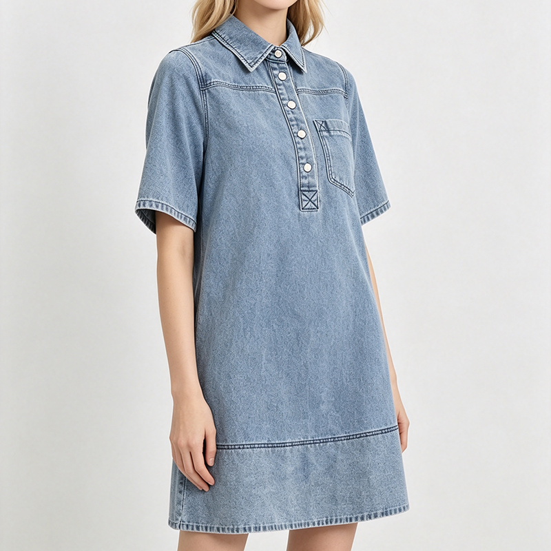 Soft Fabric Short-Sleeve A-Line Swing Mini Shirt Dress