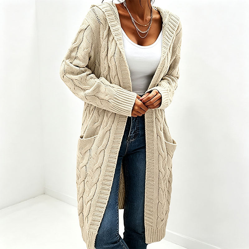 Solid-color hooded cable-knit mid-length cardigan