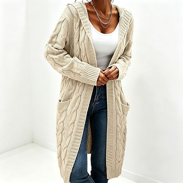 Solid-color hooded cable-knit mid-length cardigan