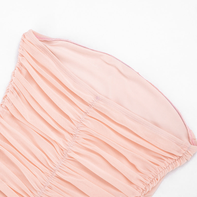 Ruched Mesh Strapless Bodycon Mini Dress