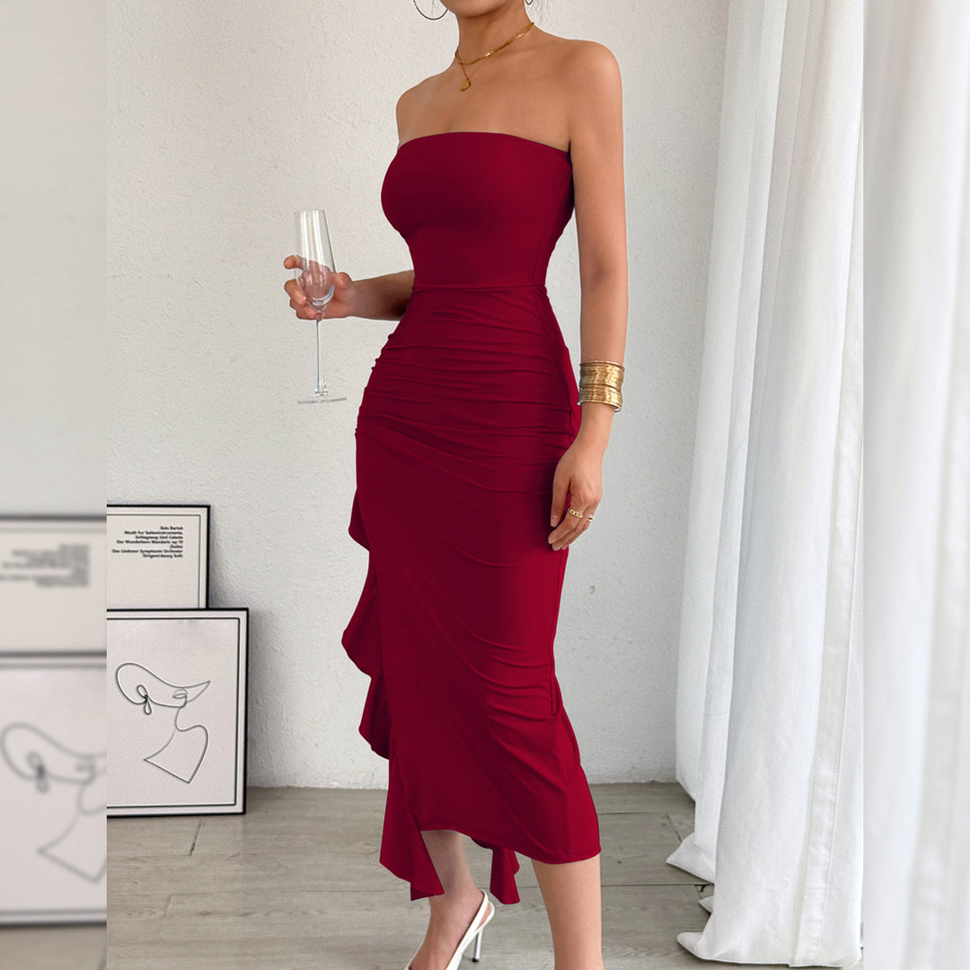 Black Strapless Ruched Ruffle Slit Midi Dress