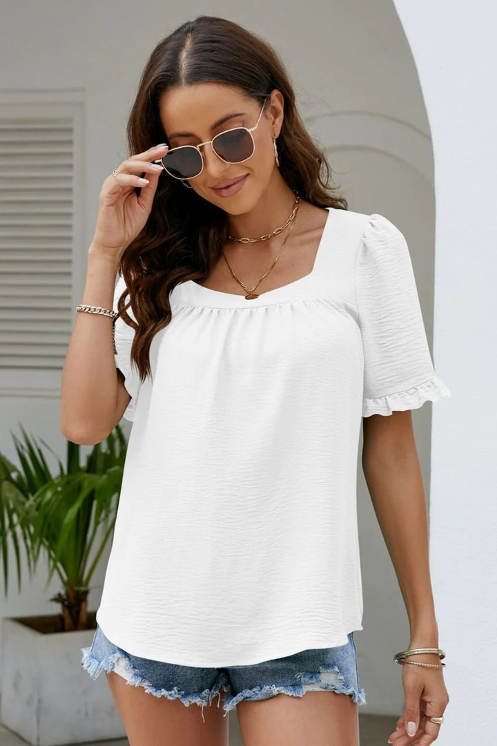 Square Neck Ruched Ruffle Short Sleeve Blouse | Textured Everyday Top