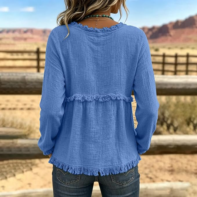 Boho Fray Trim V Neck Long Sleeve Top