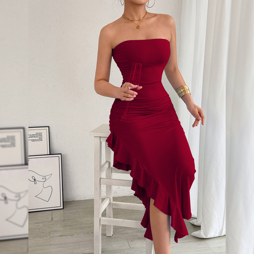 Black Strapless Ruched Ruffle Slit Midi Dress