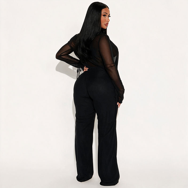 Lace-up Mesh Long-Sleeved Top and Pants Set