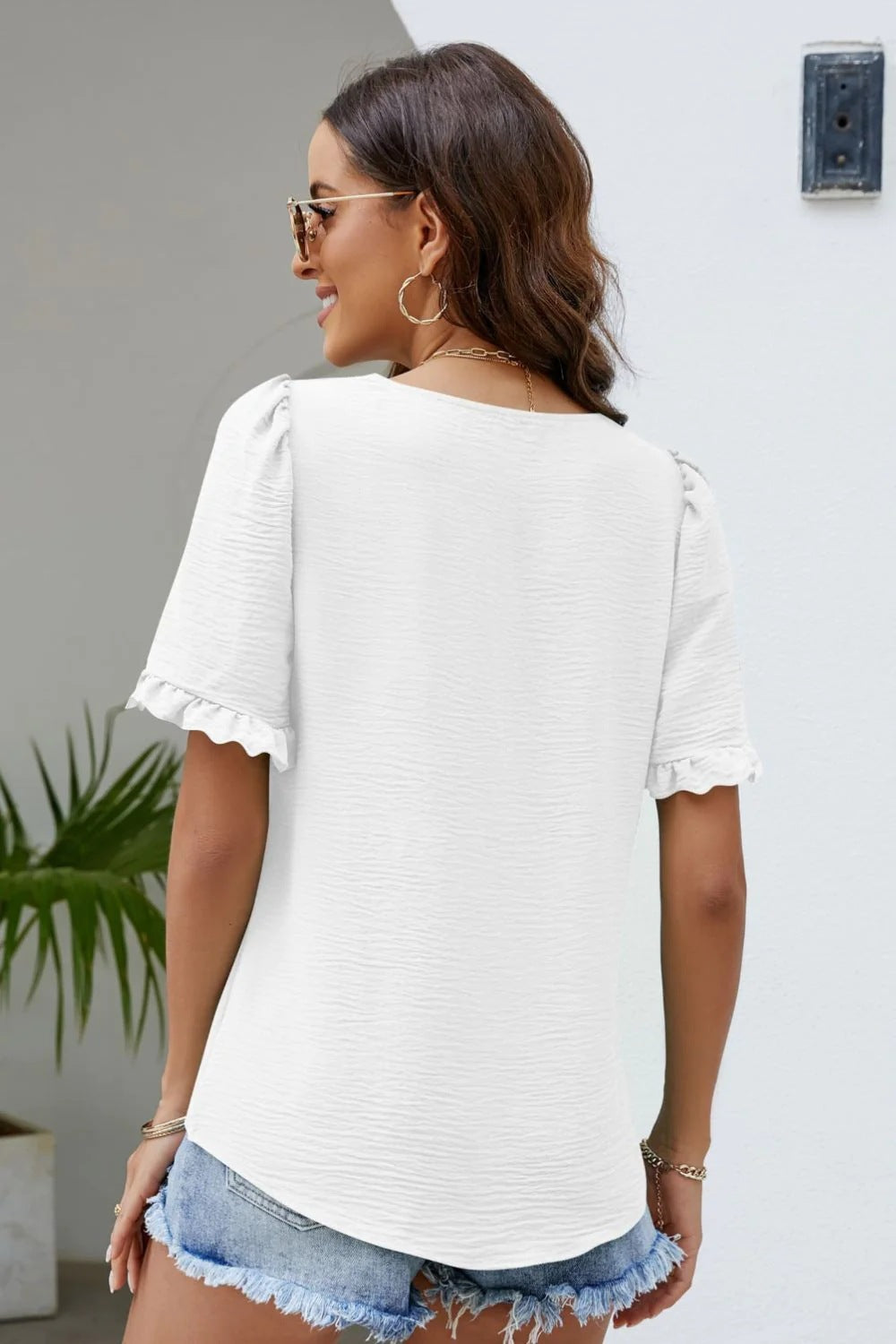 Square Neck Ruched Ruffle Short Sleeve Blouse | Textured Everyday Top