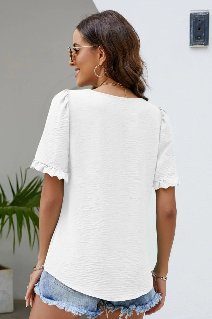 Square Neck Ruched Ruffle Short Sleeve Blouse | Textured Everyday Top