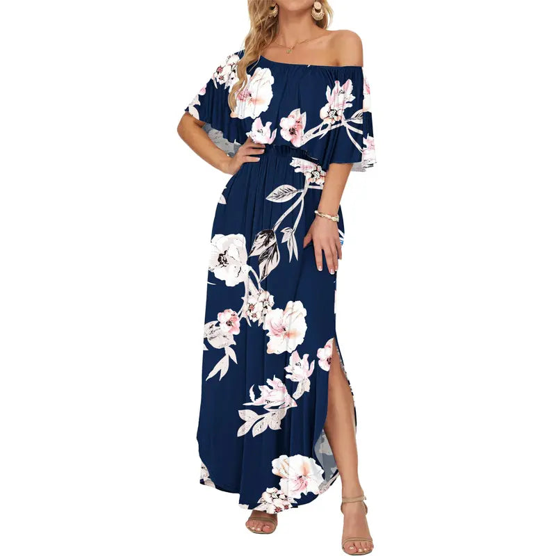 Floral Off-Shoulder Maxi Dress, Flowy Elastic Waist Dress with Side Slit
