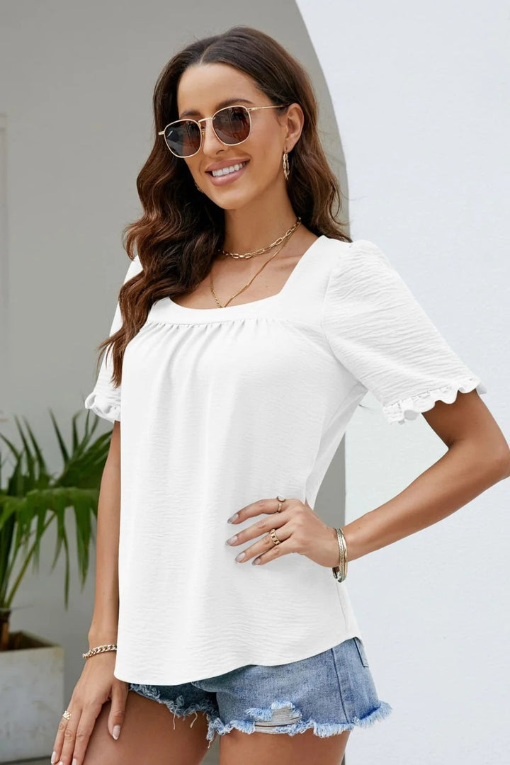 Square Neck Ruched Ruffle Short Sleeve Blouse | Textured Everyday Top