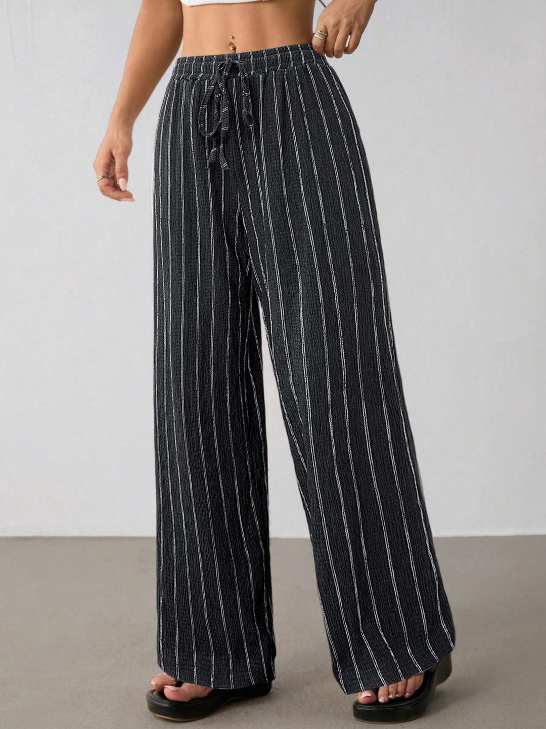 Women Striped Wide Leg Pants, Striped Lounge Slacks with Pockets