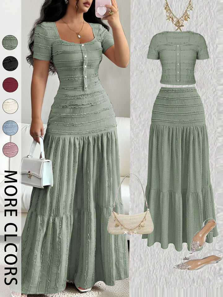 Square Neck Ruffled Textured Crop Top &amp;amp; Tiered Maxi Skirt Two-Piece Set