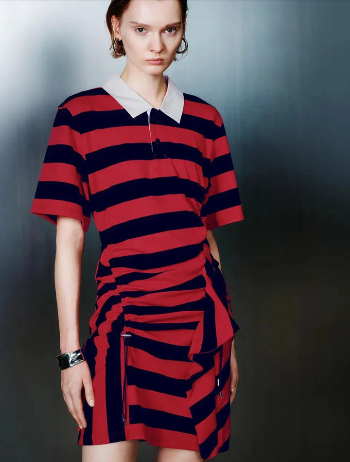 Red Navy Stripe Ruched Polo Mini Dress