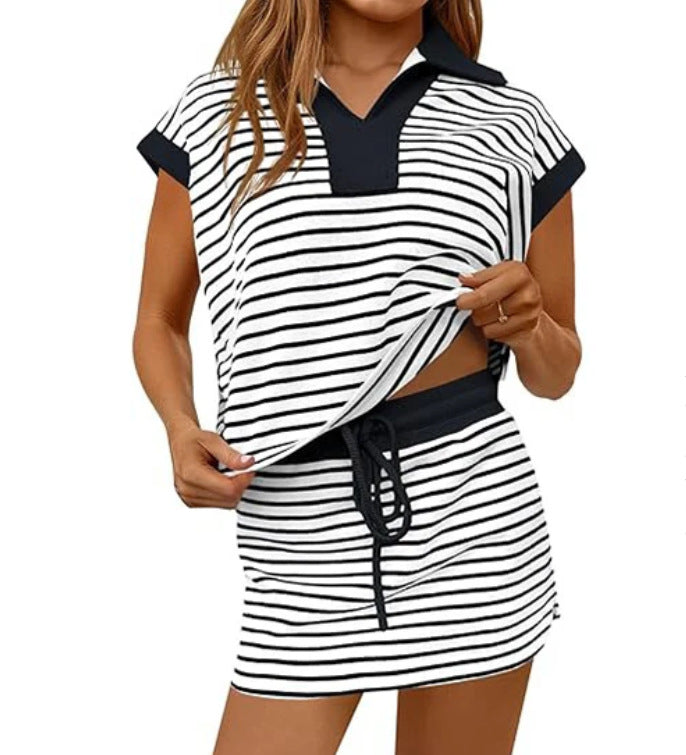 Striped Loungewear Set, Polo Collar Top &amp; Drawstring Mini Skirt Co-Ord