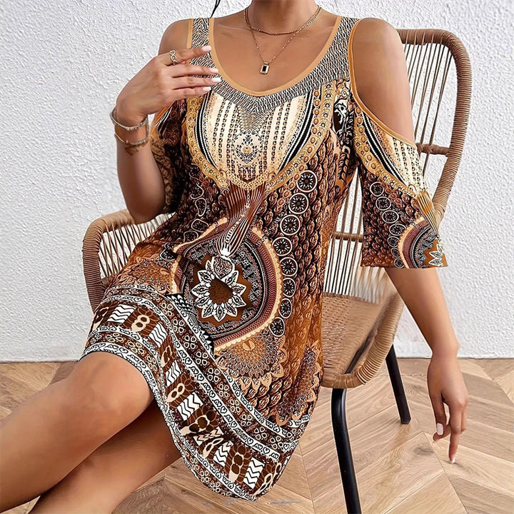 Off-shoulder short-sleeved digital print dress