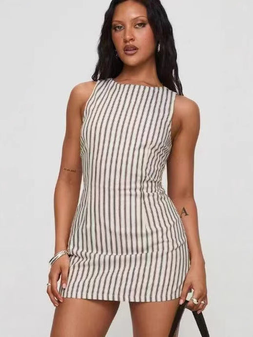 Linen-BlendSleeveless Striped Mini Dress with Back Tie