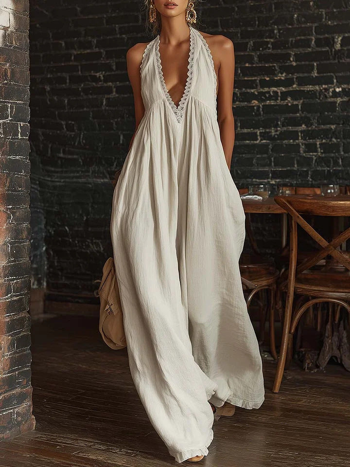 White Lace Trim Halter Deep V Wide Leg Linen Blend Jumpsuit with Side Pockets