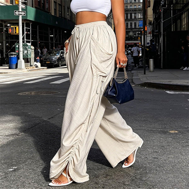 Retro drawstring high-waisted wide-leg pants