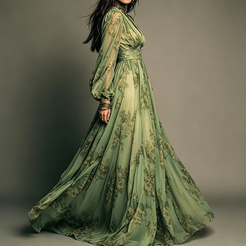 Floral V Neck Long Sleeve Bohemian Maxi Dress