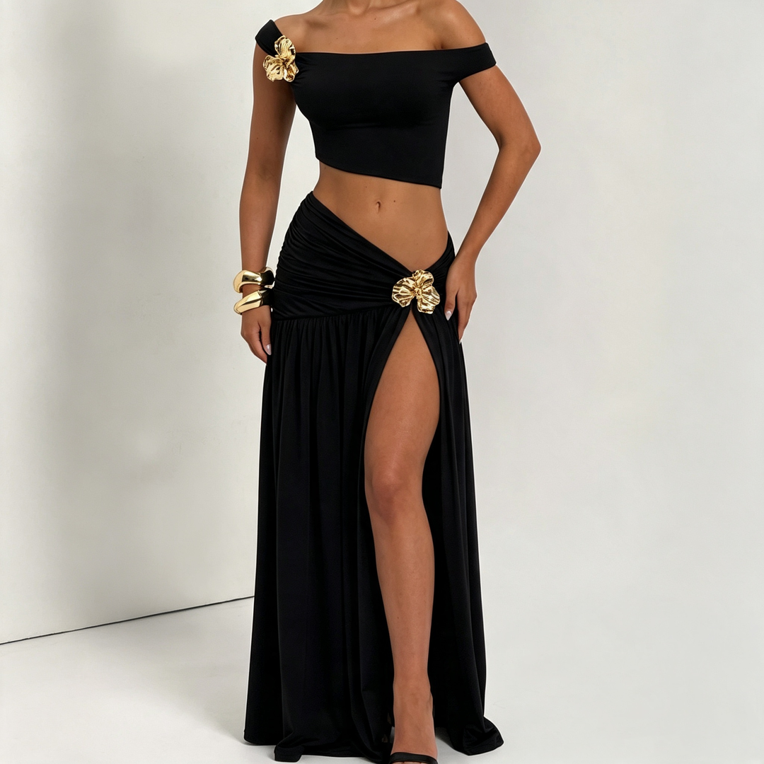Two-piece set of off-shoulder crop top dress