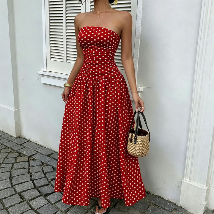 Retro Polka Dot Strapless Ruched Flowy Long Dress