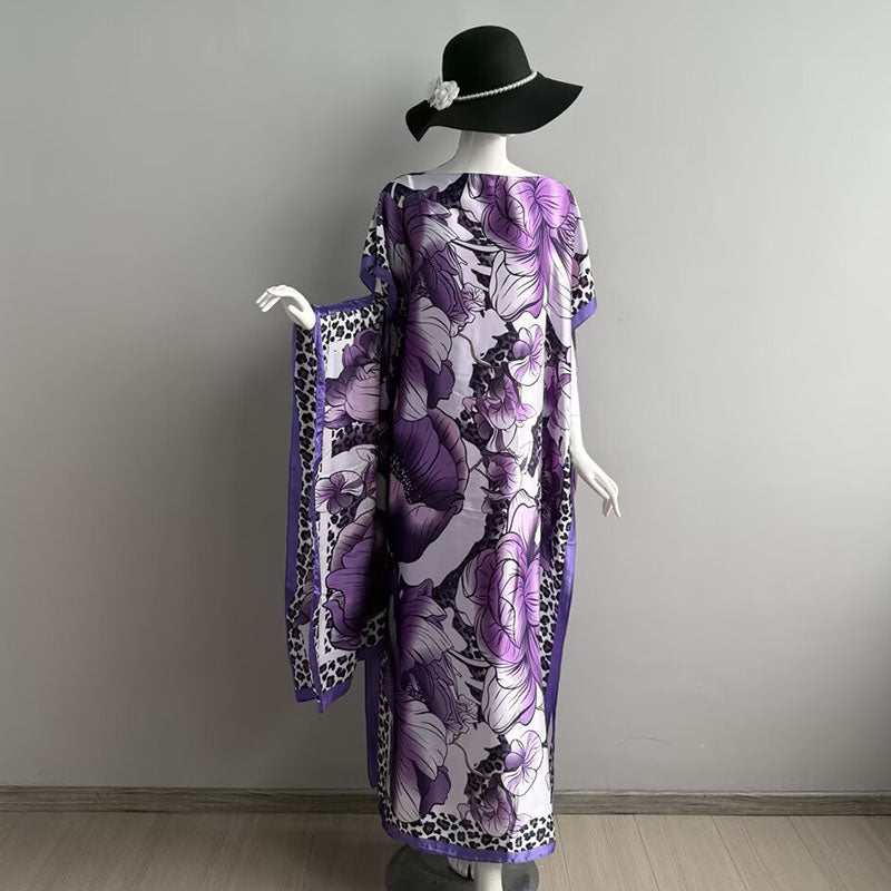Elegant Casual Loose Fit Maxi Dress with Headscarf Two Piece Fashion Set