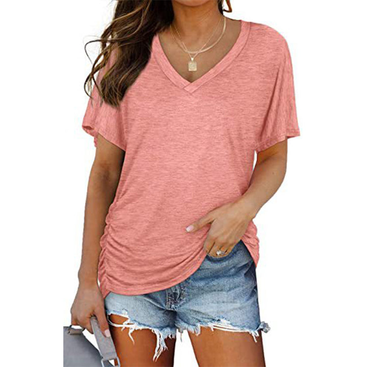 V-neck solid color batwing sleeve ruched short sleeve