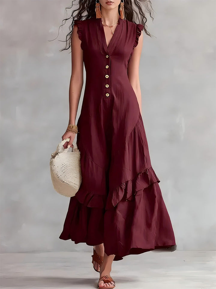 Elegant Ruffled Cotton Linen Sleeveless Dress