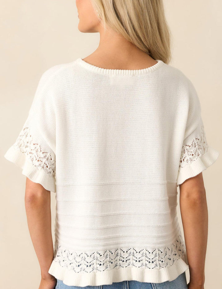 Beige Crochet Lace Trim Short-Sleeve Knit Top