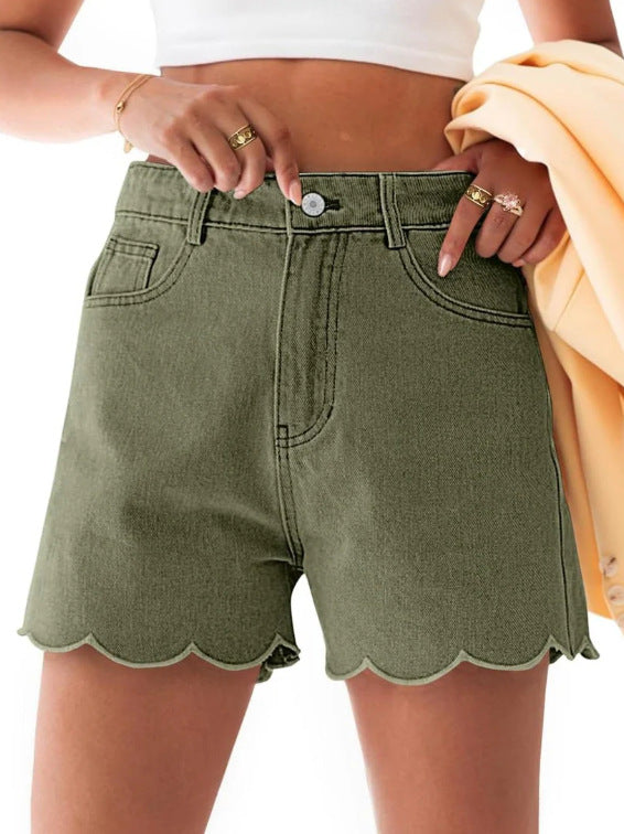 High Waist Scalloped Hem Denim Shorts