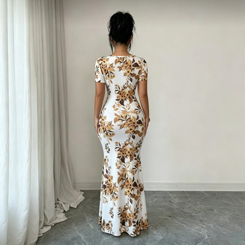 Square Neck Floral Slit Mermaid Maxi Dress