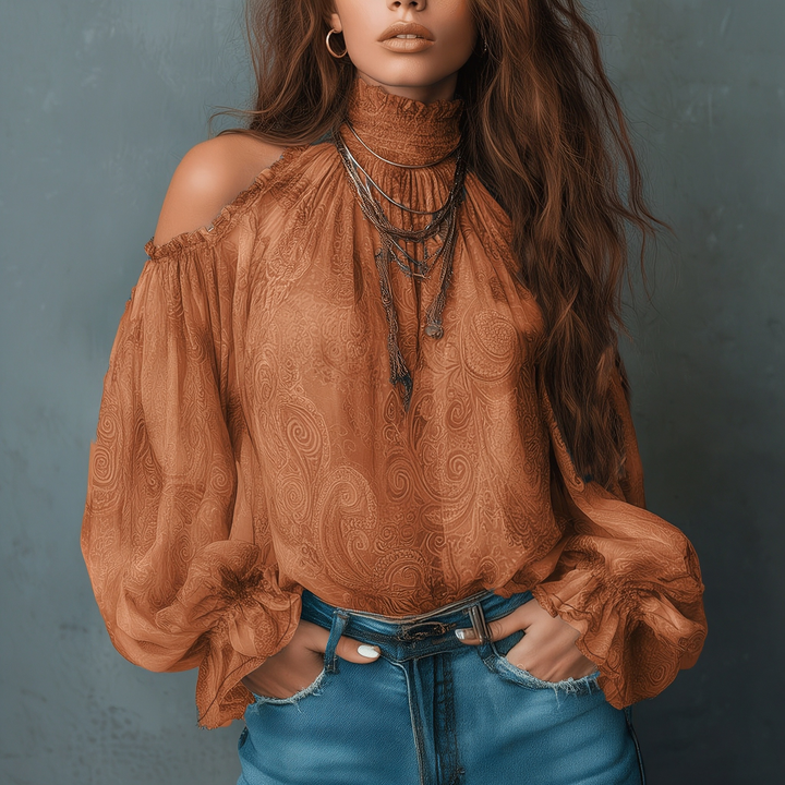 Cold Shoulder Ruffle High Neck Blouse