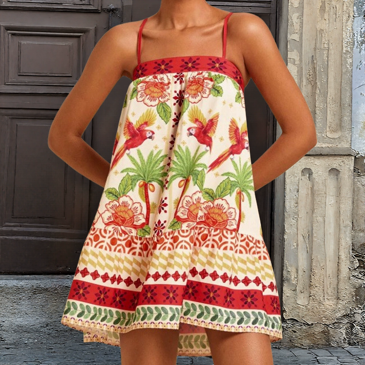 Tropical Print Spaghetti Strap Ruffle Hem Mini Dress