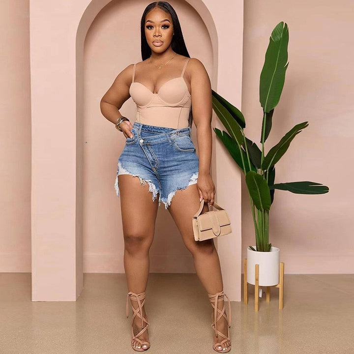 Crisscross Waist Ripped Denim Shorts, High-Waisted Distressed Jean Shorts with Raw Hem