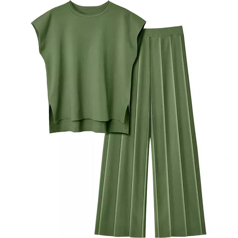 Sleeveless top and wide-leg trousers two-piece set